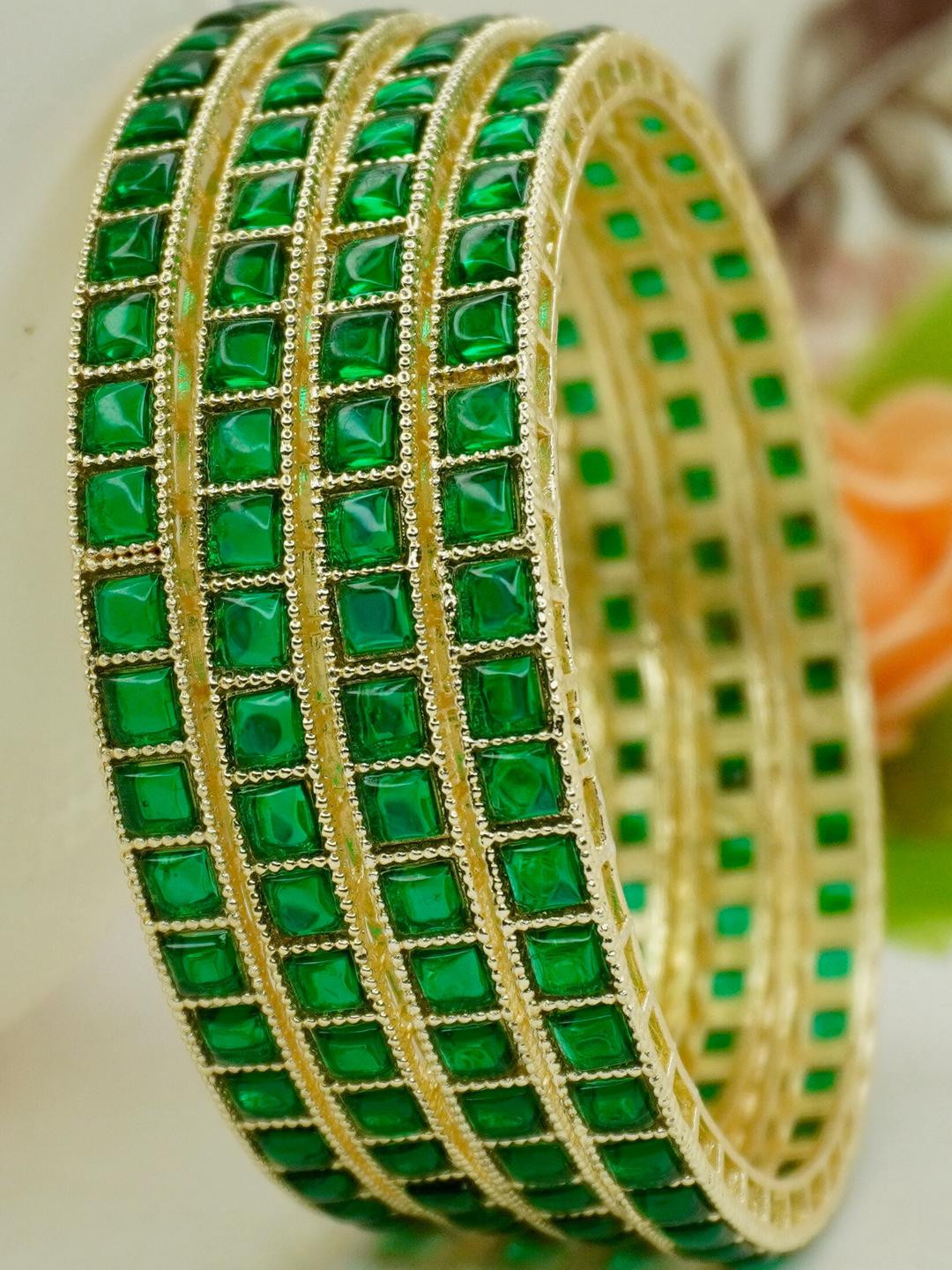 Panini jewels Women Set of 4 Gold-Plated Green Stones Studded Bangles