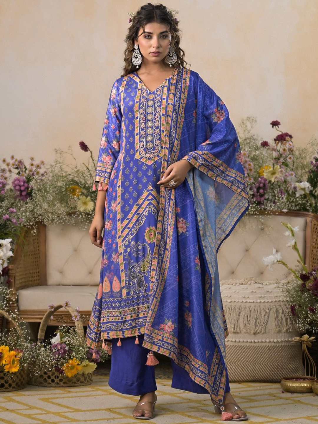 AUTUMN LANE Trinity Hibis Floral Printed Beads And Stones Kurta With Palazzos & Dupatta