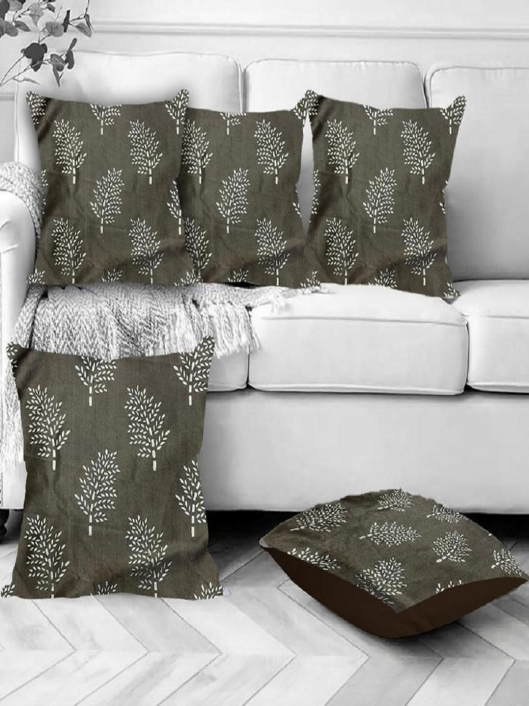 TURIYA Grey Set of 5 Velvet Square Leaf Printed Regular Cushion Covers
