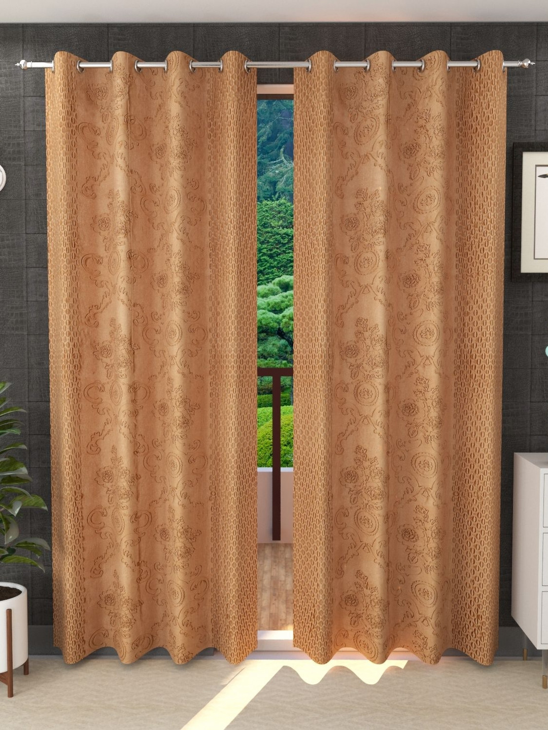 Stella Creations Gold-Toned 2 Pieces Floral Printed Door Curtains