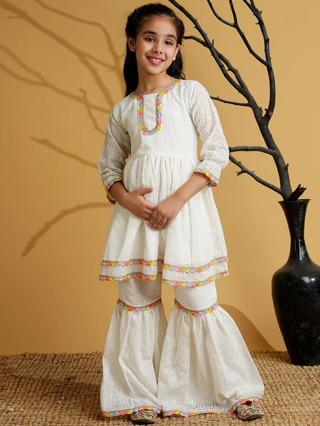 Aj DEZInES Girls White Cotton Schiffli 3/4th Sleeves Solid Girls Suit Set