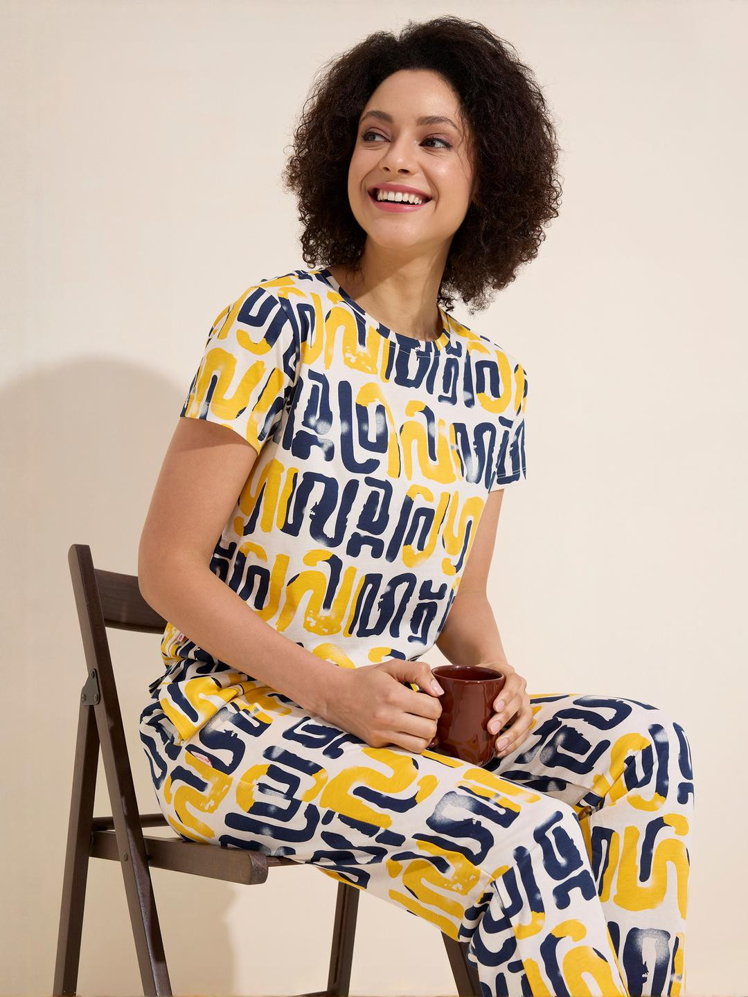 Lotik Women Yellow Geometric Printed Night suit