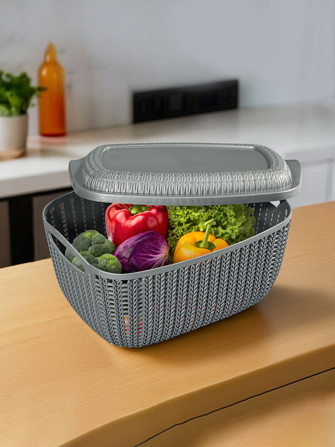 Kuber Industries Grey Plastic Fruit Basket for Storage Vegetables and Fruits with Lid