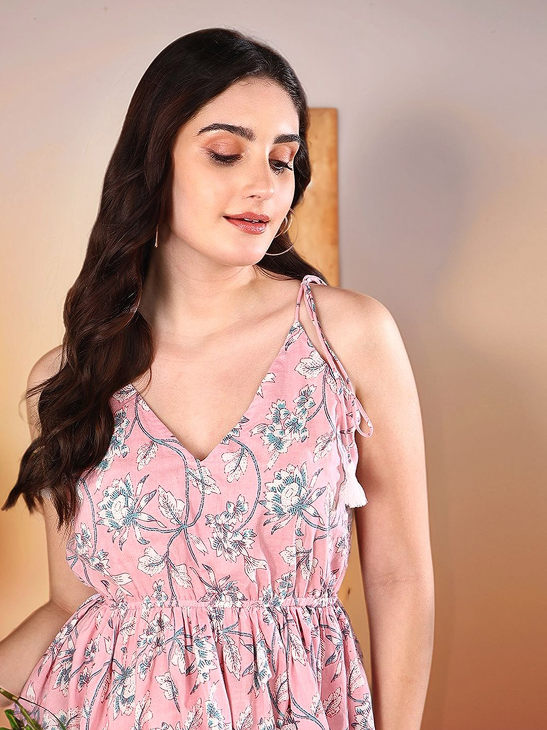 Sangria Women Floral Printed Gathered or Pleated Pure Cotton Short Peplum Top