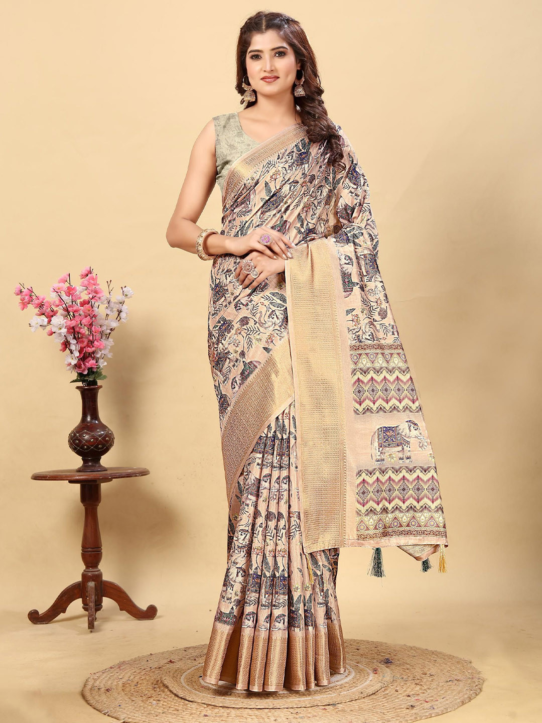 J 6 DESIGNER Kalamkari Printed Zari Border Saree