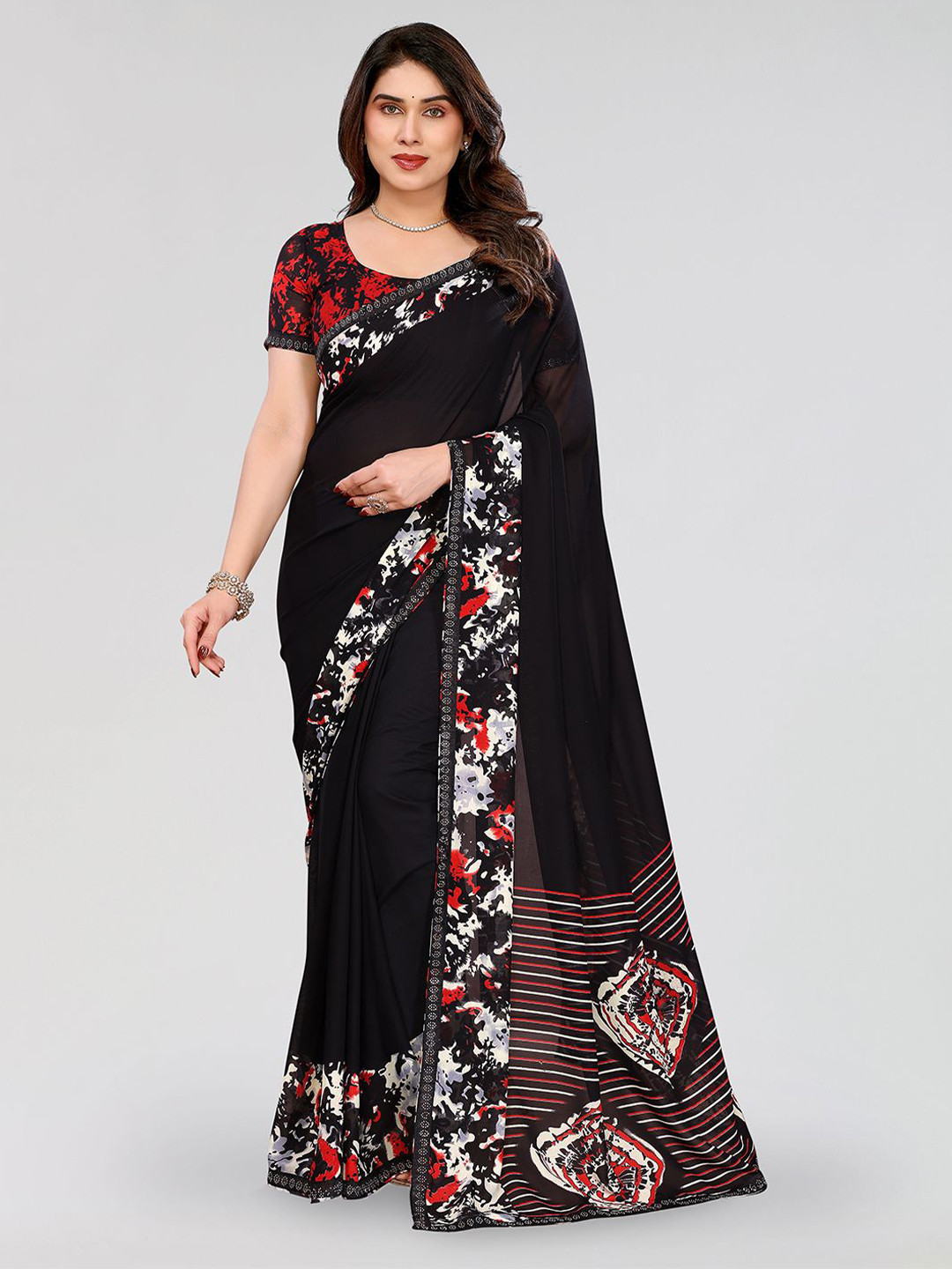 Moda Rapido Beads and Stones Saree with Graphic Print and Elegant Lace Border