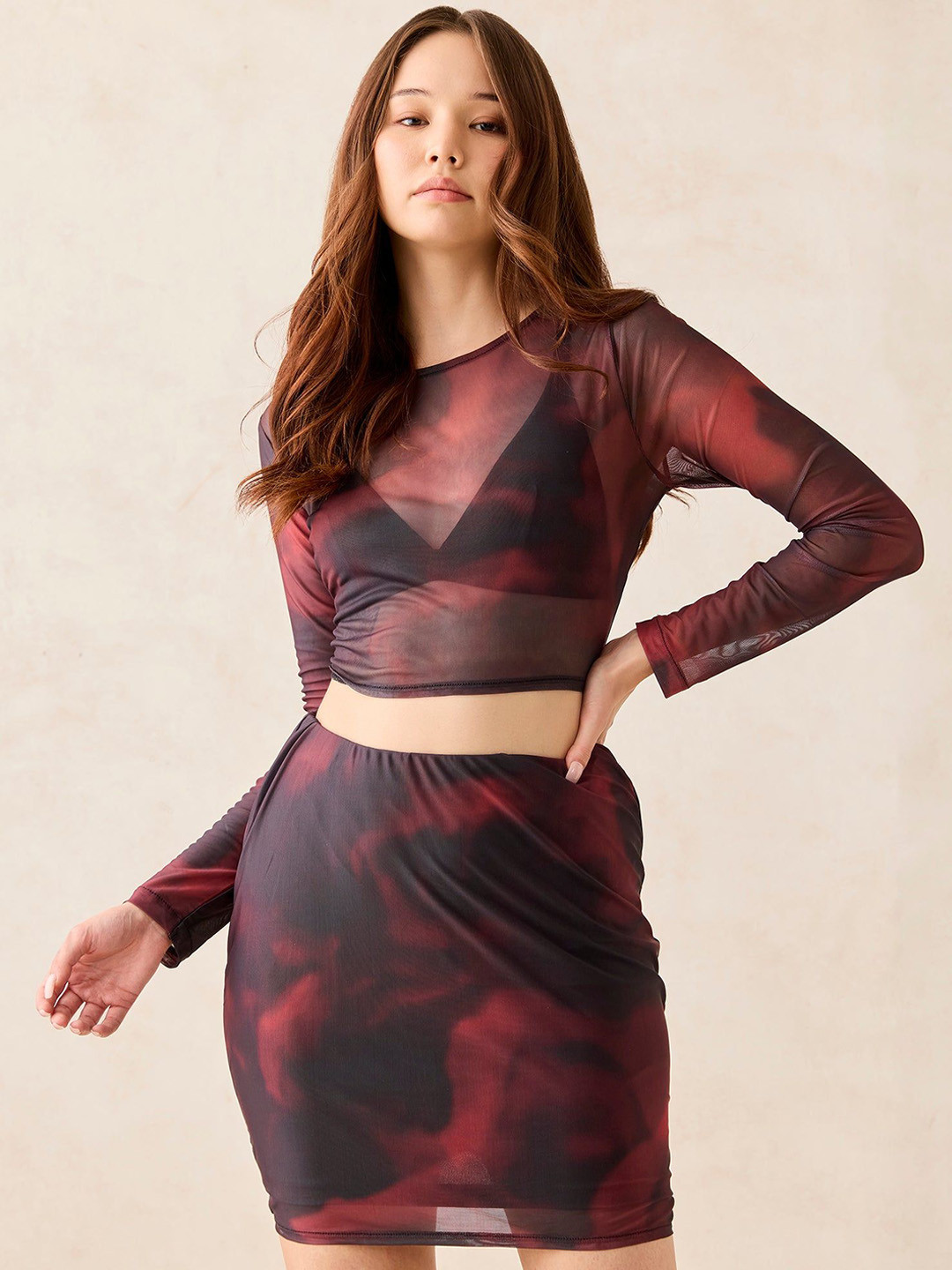 Outzidr Printed Fitted Top With Side Ruched Skirt