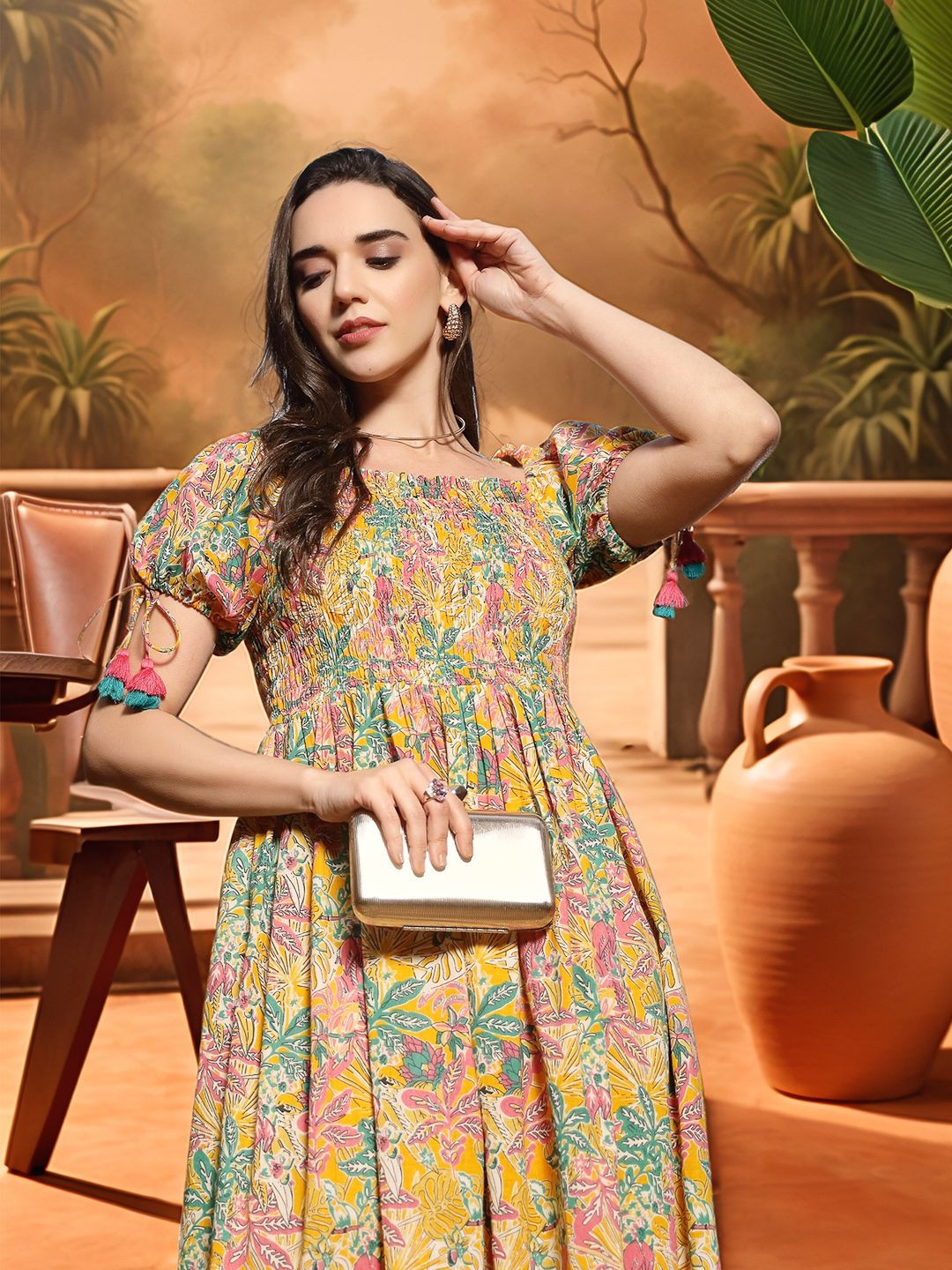Sangria Floral Printed Smocked Detail Pure Cotton Fit & Flare Midi Dress