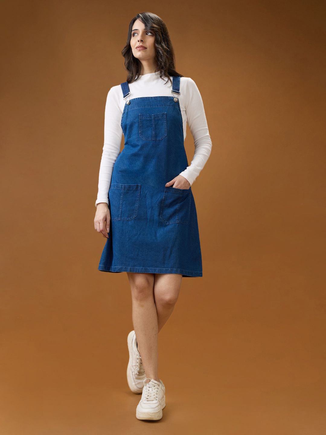 Globus Women Square Neck Strappy Shoulder Solid Pocket Detail Above Knee Dungaree Dress