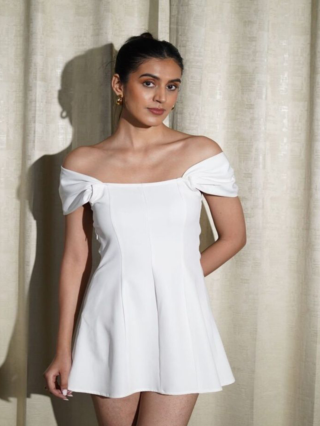 Myclo RARE Romance Women Off-Shoulder Crepe A-Line Mini Dress