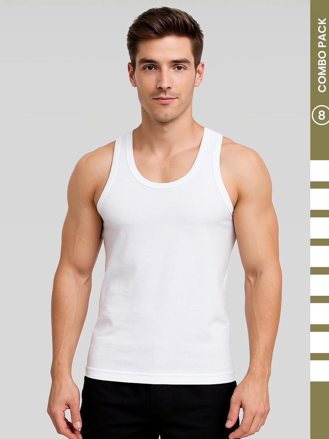 Amul Comfy Pack of 8 Men's Cotton White Solid Sleeveless Vest