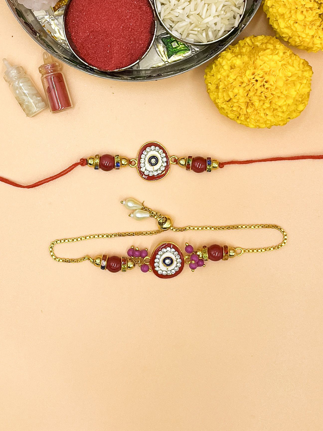 Sangria Artificial Stones Studded & Beaded Eye Bhaiya Bhabhi Rakhis With Roli Chawal