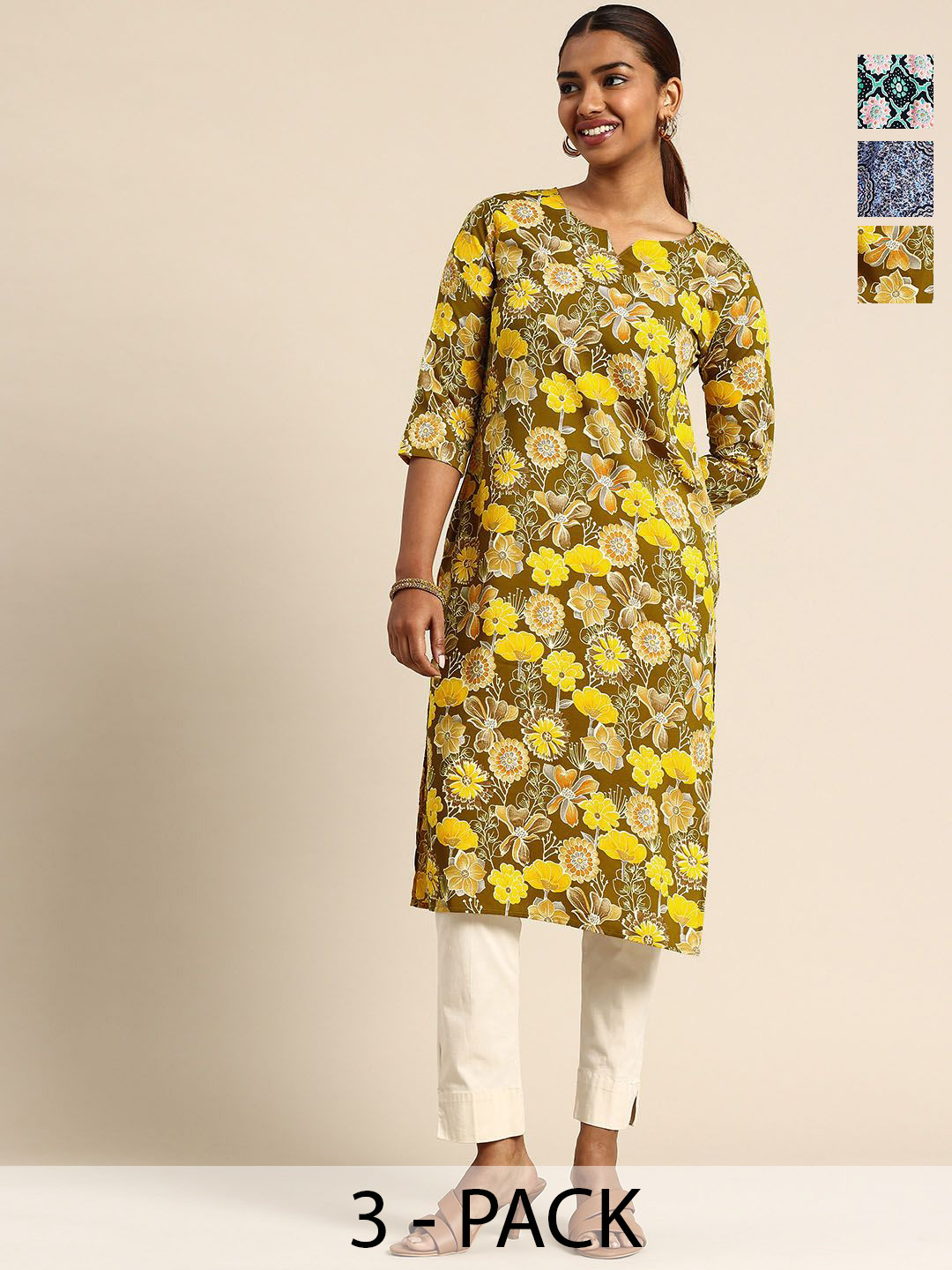 KETAKI FASHION Selection Of 3 Floral Printed Notch Neck Straight Kurtas