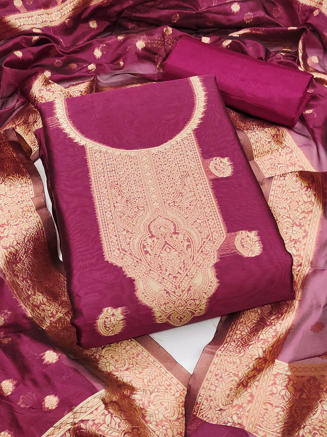 HERE&NOW Ethnic Motifs Woven Design Zari Simmer Silk Unstitched Dress Material