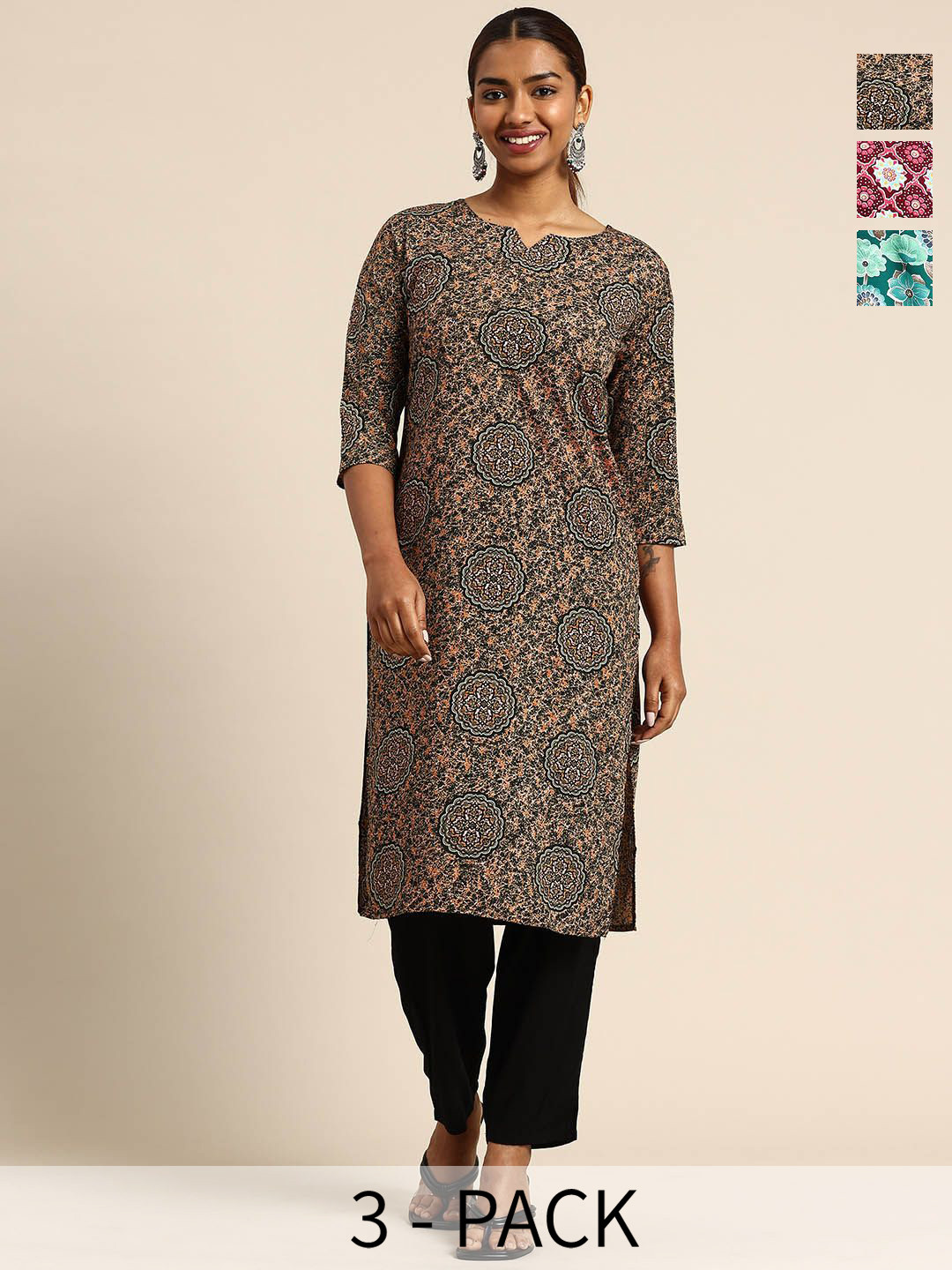 KETAKI FASHION Selection Of 3 Floral Printed Notch Neck Straight Kurtas