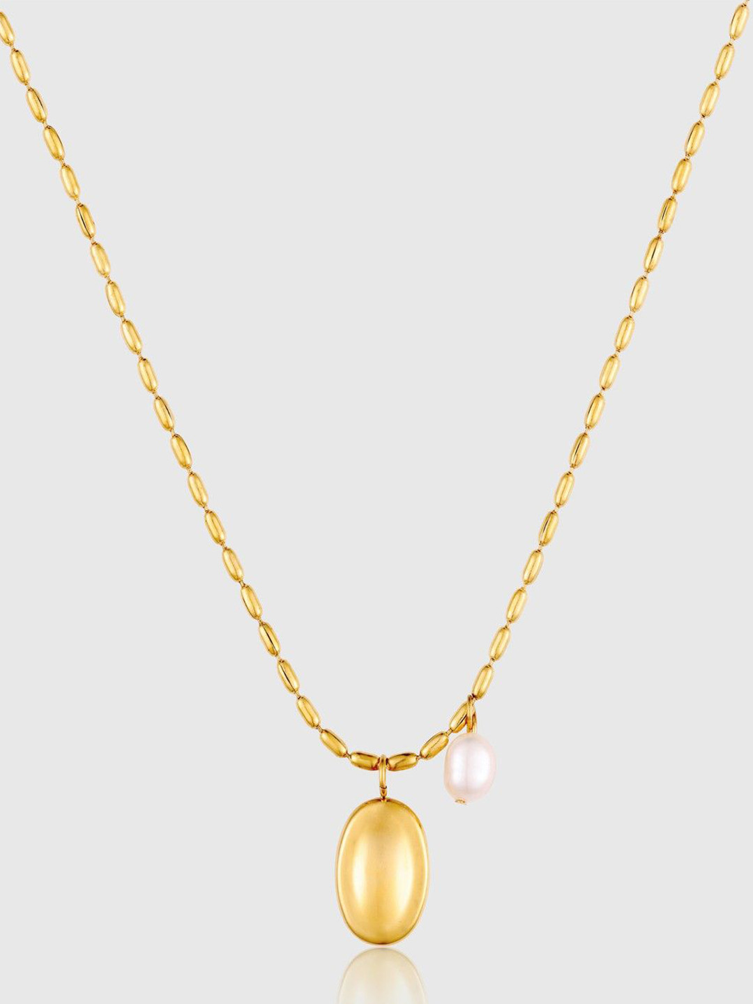 OUZEL Stainless Steel 18KT Gold-Plated Pearls Beaded Oval Shaped Pendant With Chain