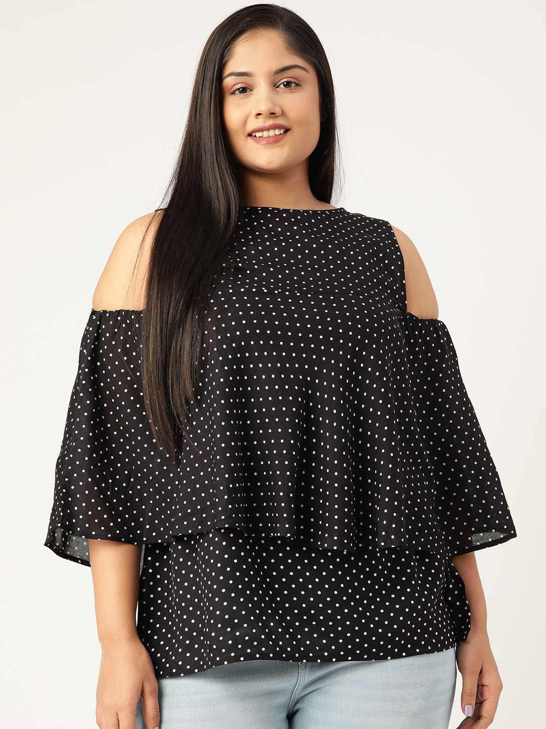 theRebelinme Polka Dot Print Monochrome Cold-Shoulder Sleeve Layered Plus Size Top