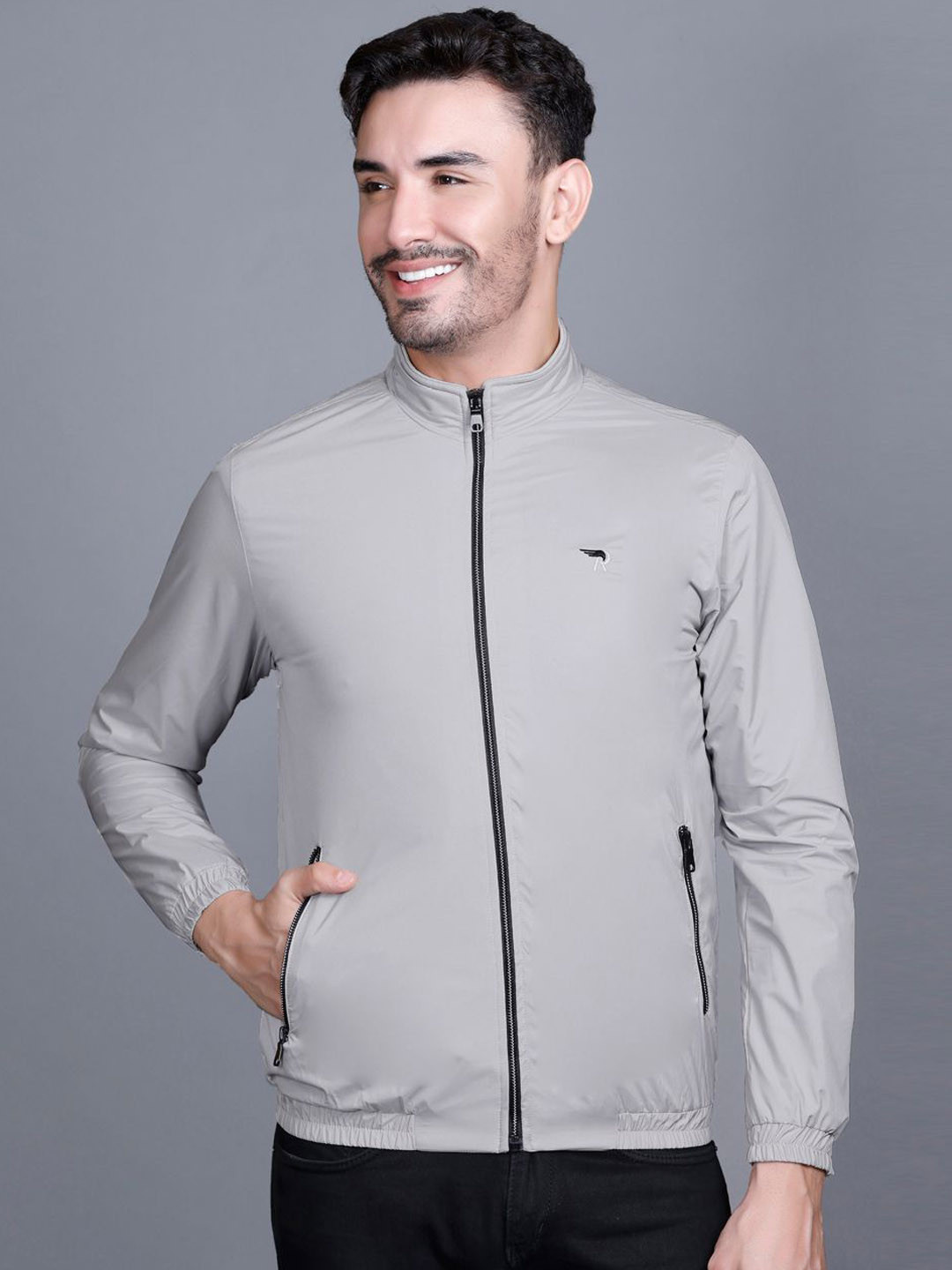 Rare Times Men Stand Collar Solid Lightweight Sporty Jacket