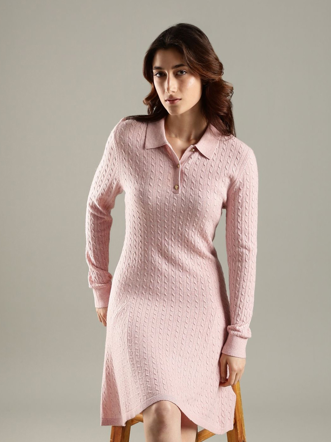 Tommy Hilfiger Women Self Design Woollen Polo Collar  T-shirt Dress
