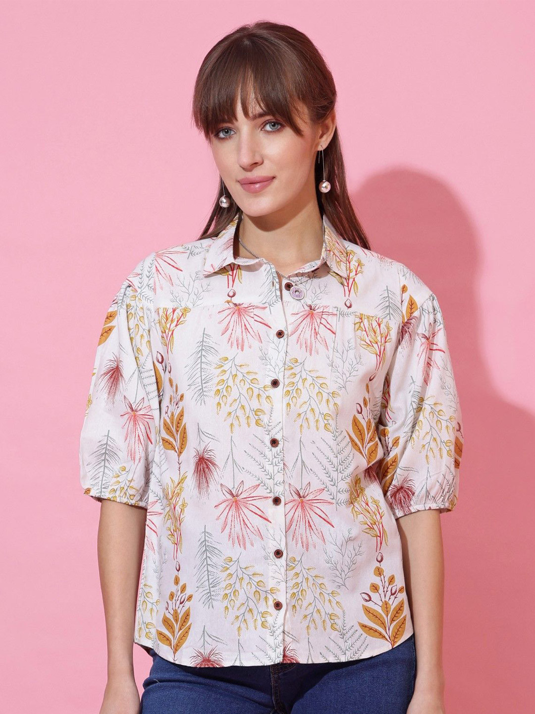 Honky Tonky Modern Fit Floral Printed Cutaway Collar Puff Sleeves Cotton Shirt