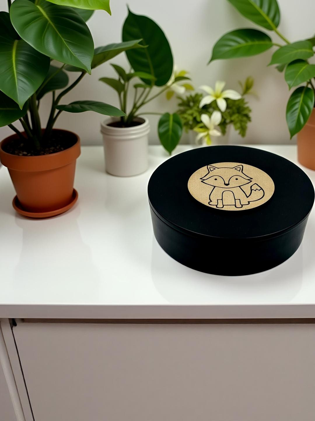 Angira handicrafts Women Black & Brown Fox Printed Round Wooden Jewellery Storage Box