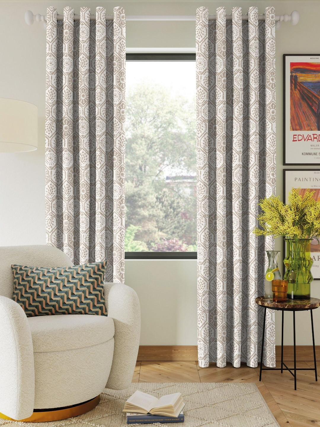 Nefertiti Home Tan 2 Pieces Floral Printed Black Out Door Curtains