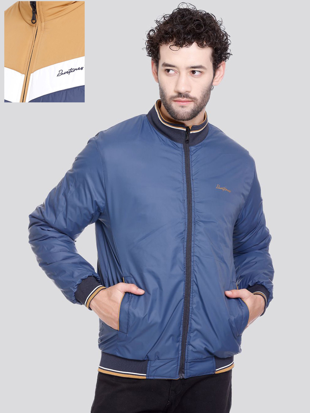 Rare Times Brand Logo Printed Mock Collar Lightweight Puffer Jacket