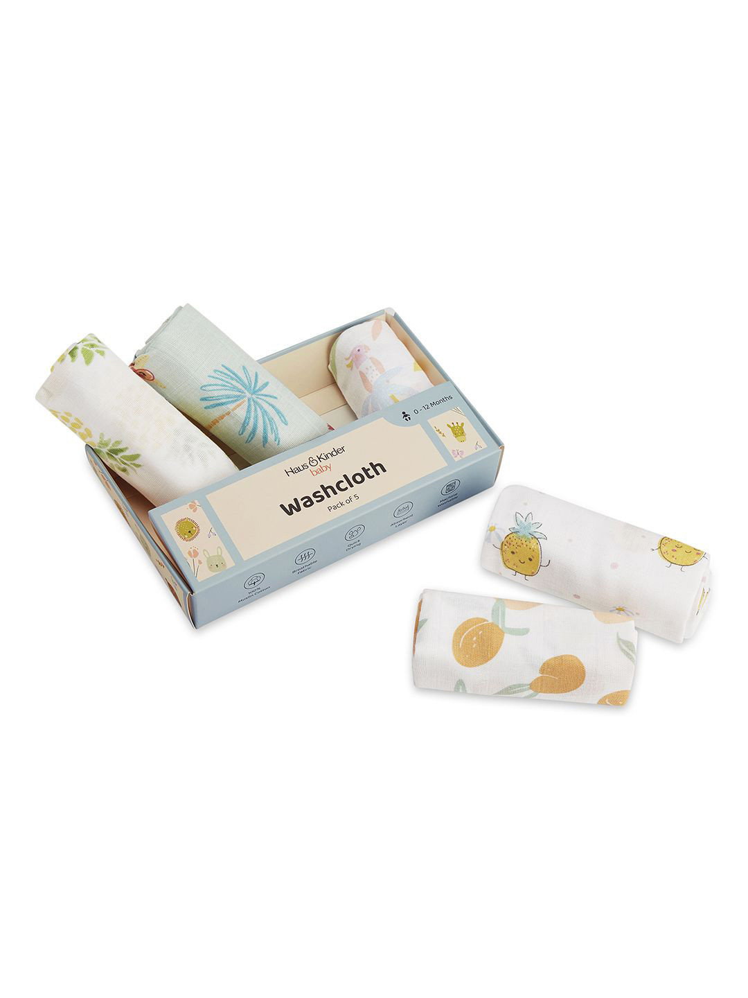 haus & kinder Kids Pack Of 5 Tropical Twist Printed Wash Cloths
