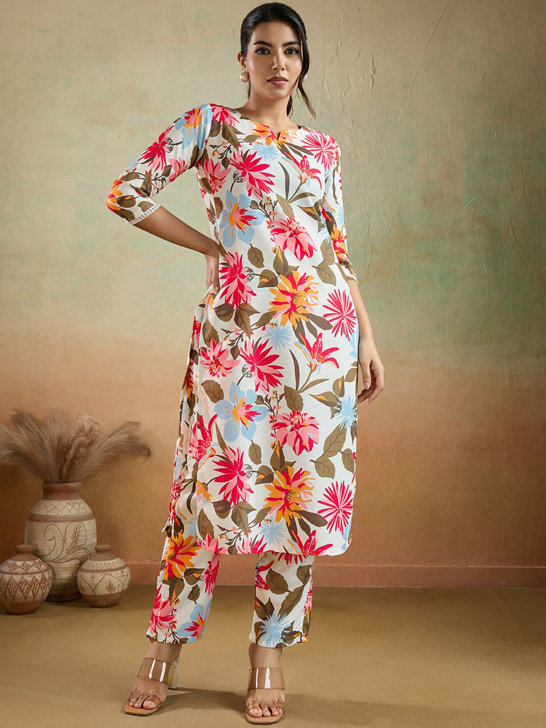 Women Basket Floral Printed Pure Cotton Notch Neck Straight Kurta With Trousers