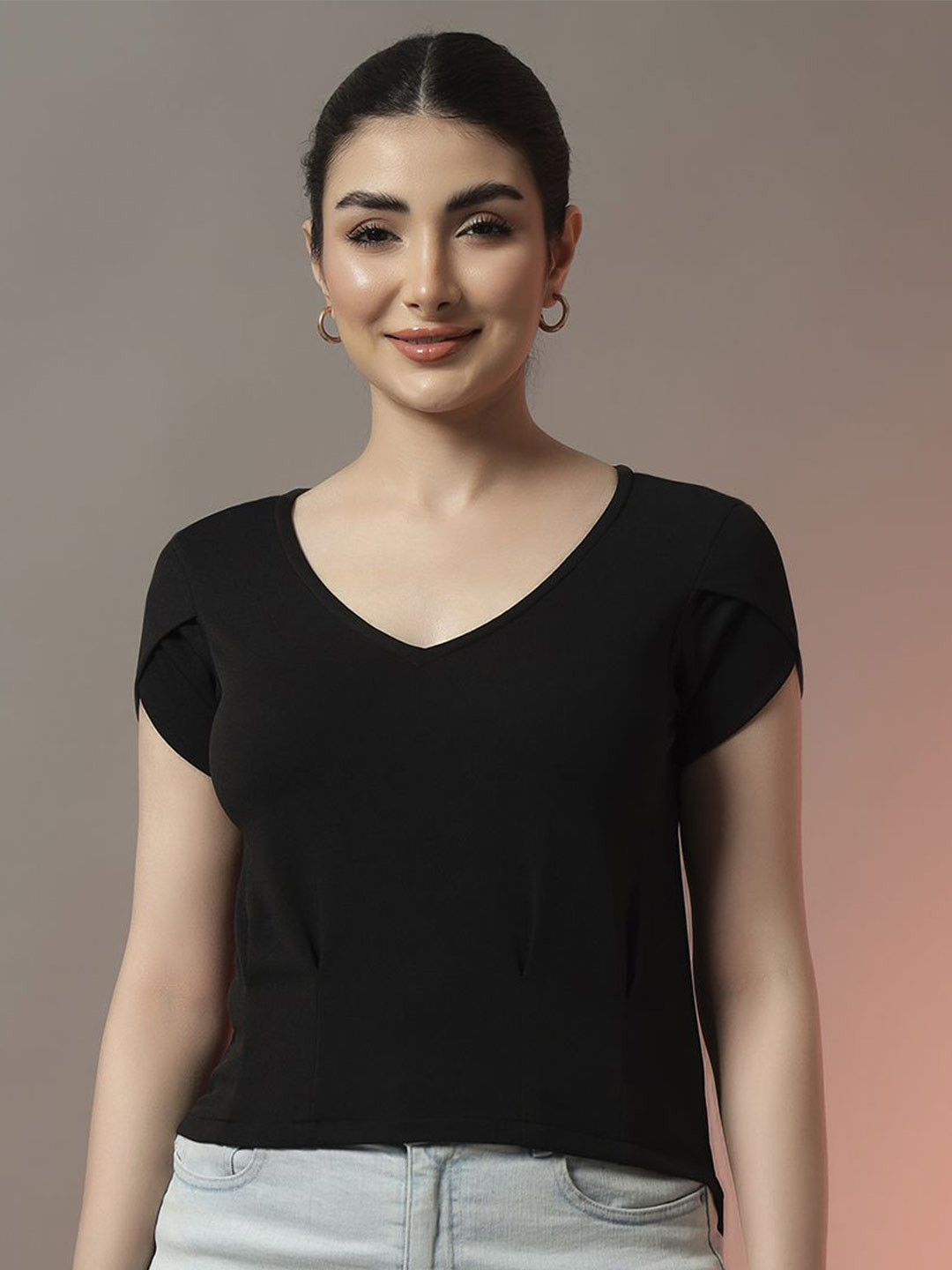 Trend Arrest Women Solid V-Neck Extended Sleeves Regular Top