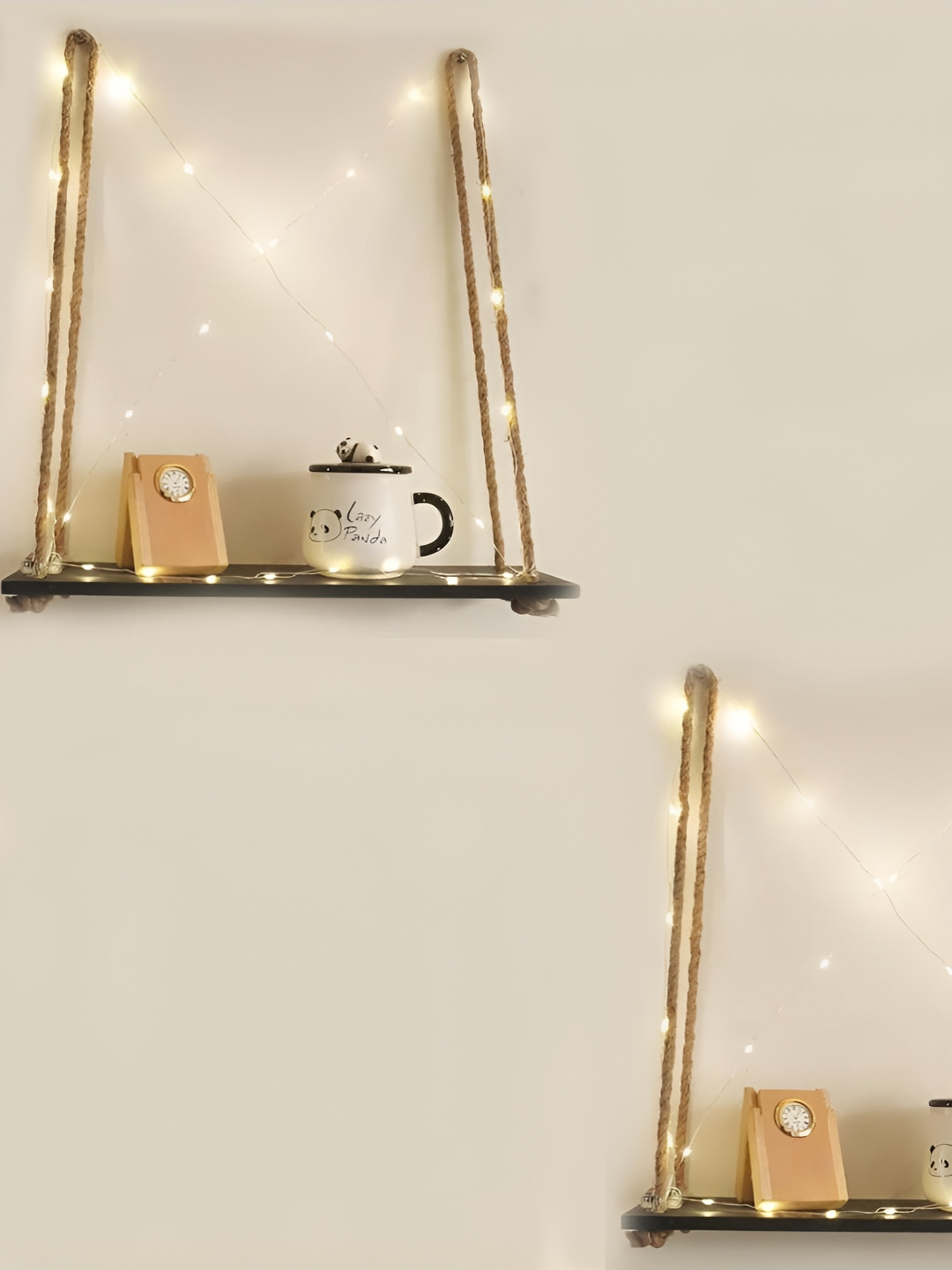 VAH Kya Bat Hai !! Black 2 Pieces Wooden Rope Wall Hanging Shelves With LED Light