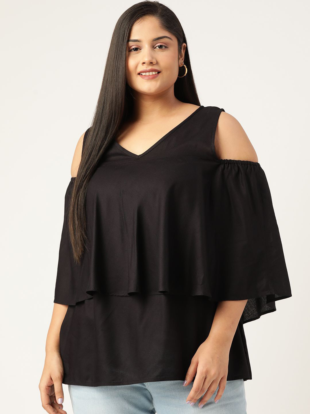 theRebelinme Cold-Shoulder Sleeve Layered Plus Size Top
