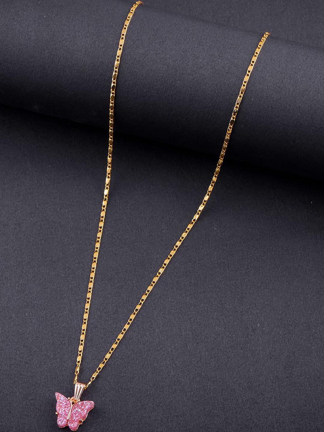 DressBerry Gold-Plated Artificial Stones Studded  Butterfly Shaped Pendant With Chain