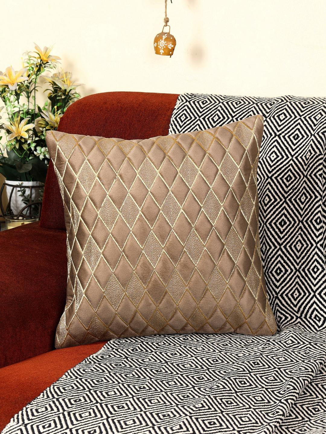 TANLOOMS Diamond Geometric Velvet Durable 5 Pcs Embroidered Square Cushion Covers -12x12In