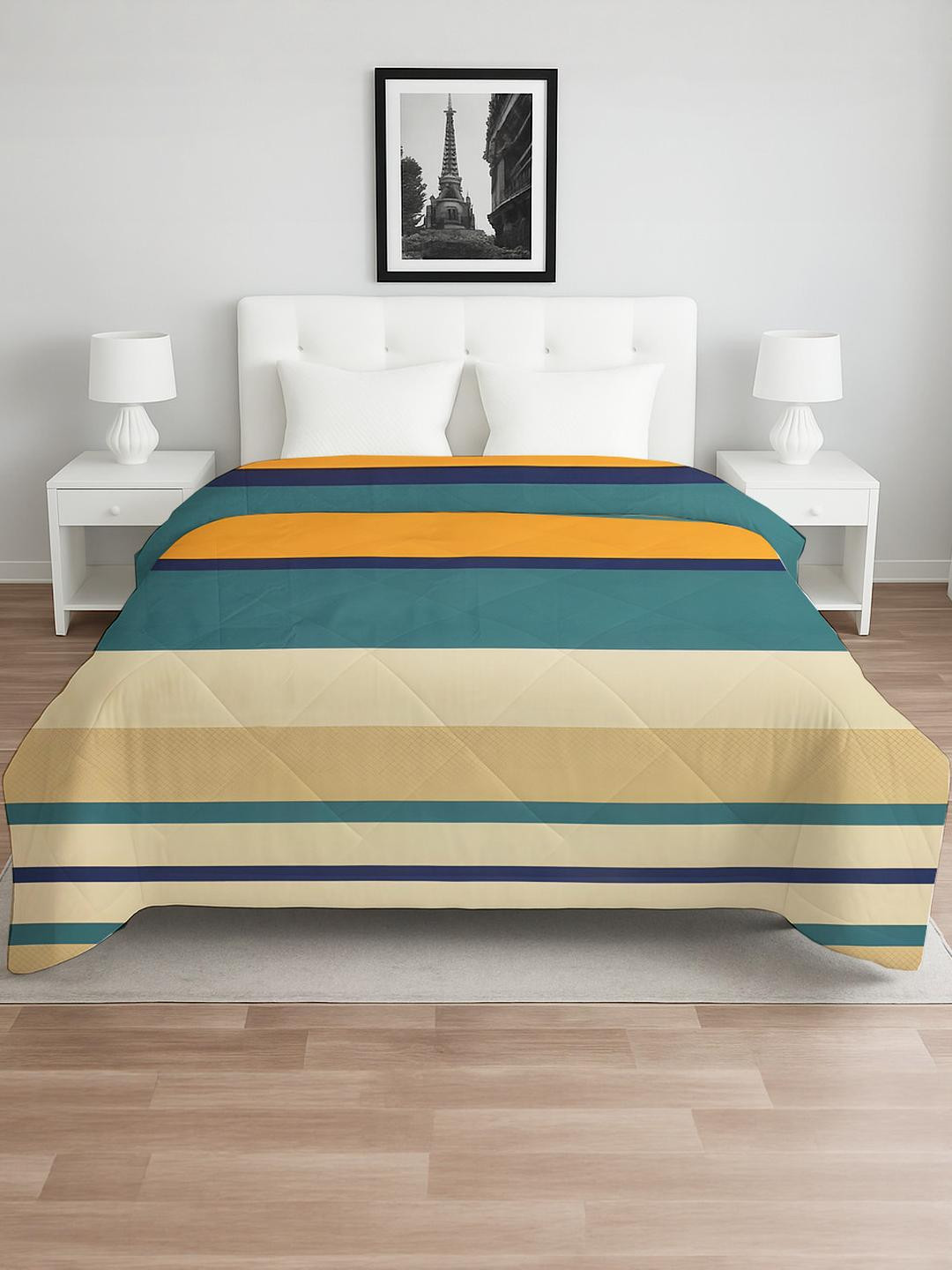 IVAZA Yellow & Green Striped Microfiber Double Bed Comforter