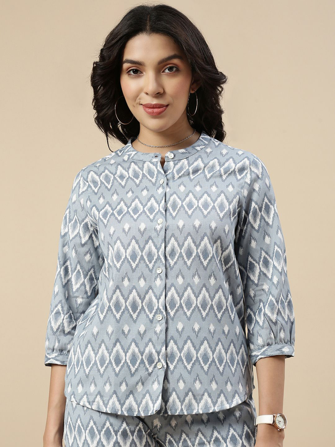 De Moza Women Self Design Print Mandarin Collar Cotton Top