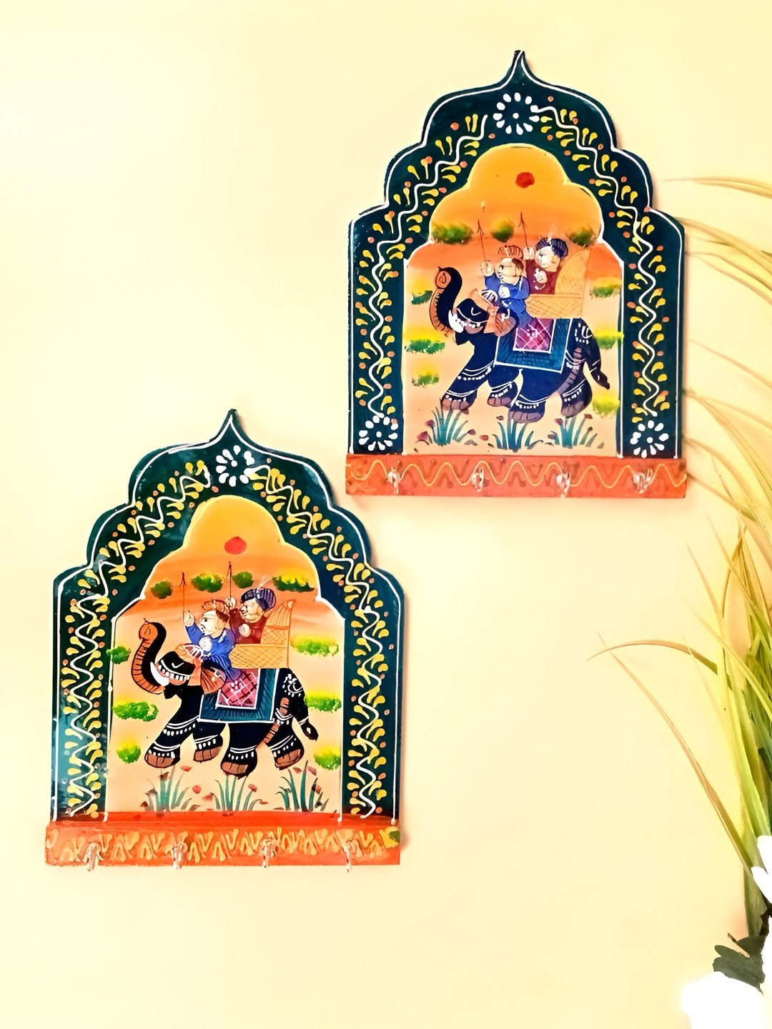 apka mart 2-Pcs Green & Yellow Printed 4-Hooks Key Holder