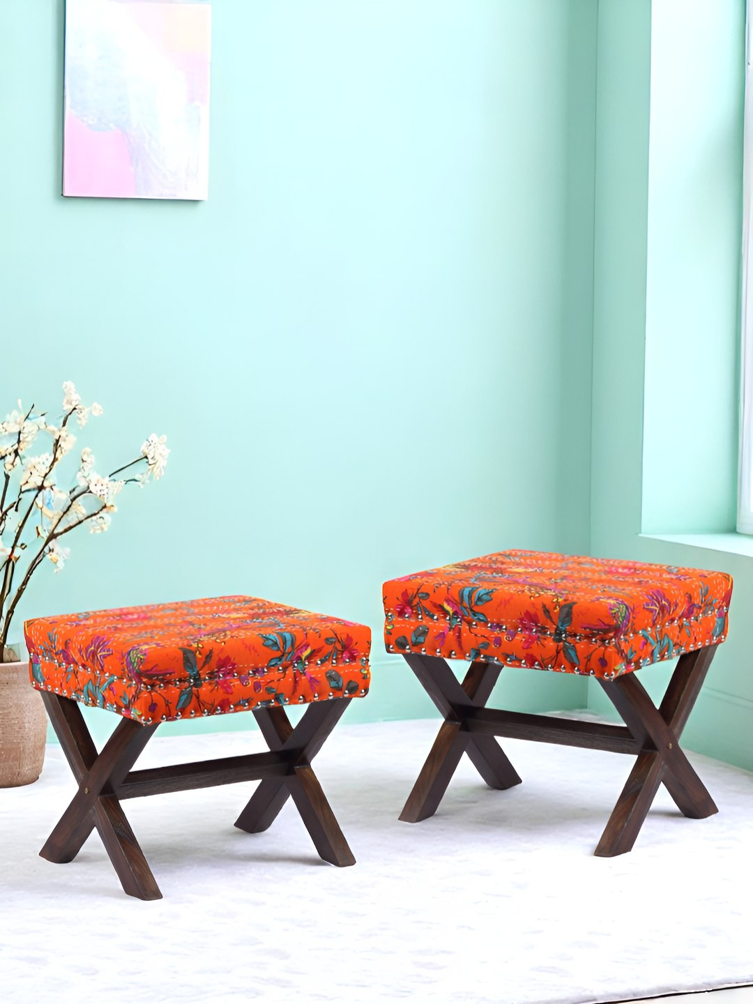 Ikiriya Pack Of 2 Orange-Coloure Printed Wooden Rectangle Ottomans