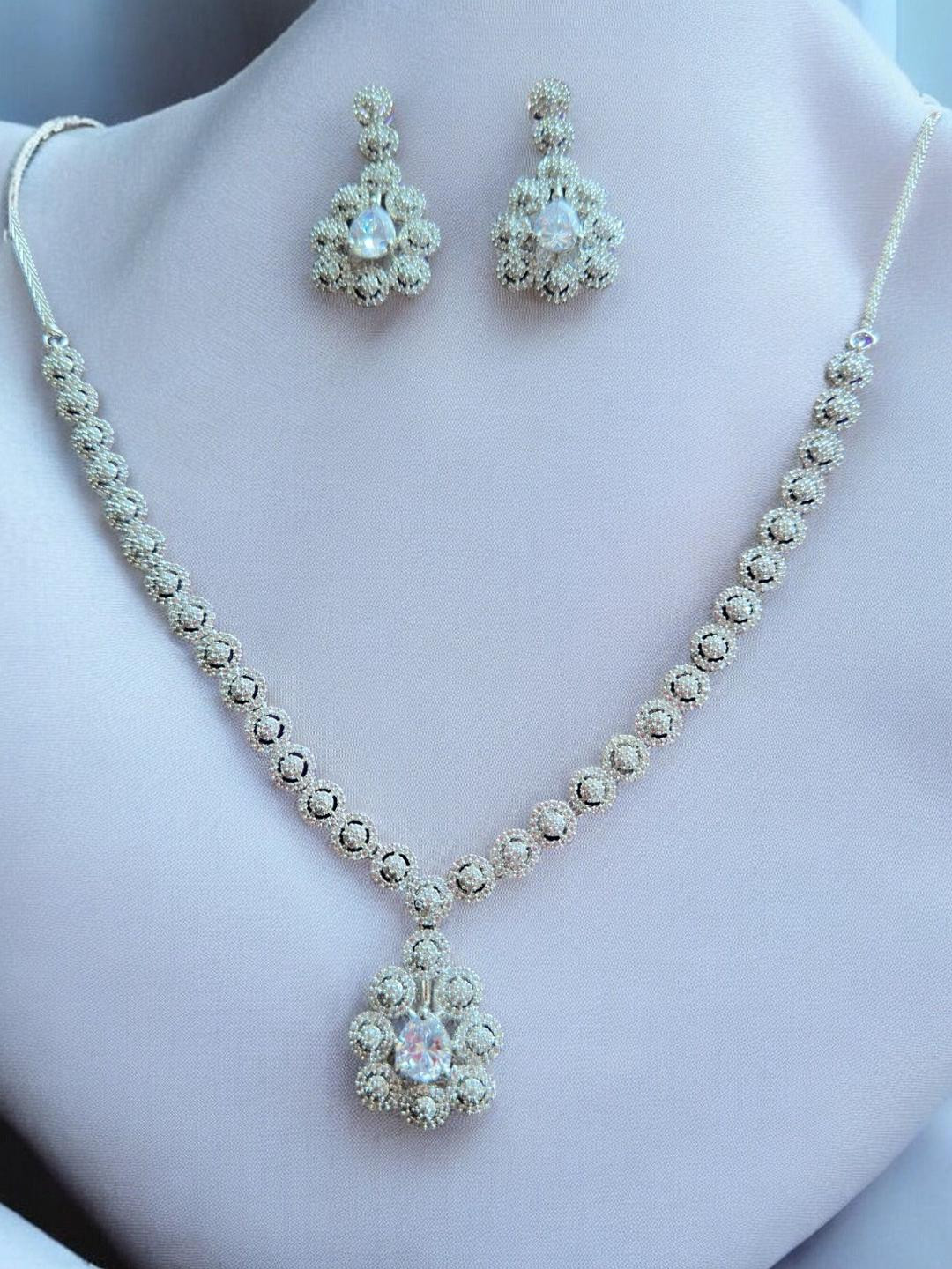 Premium Silver Stone Studded Large Pendant Set