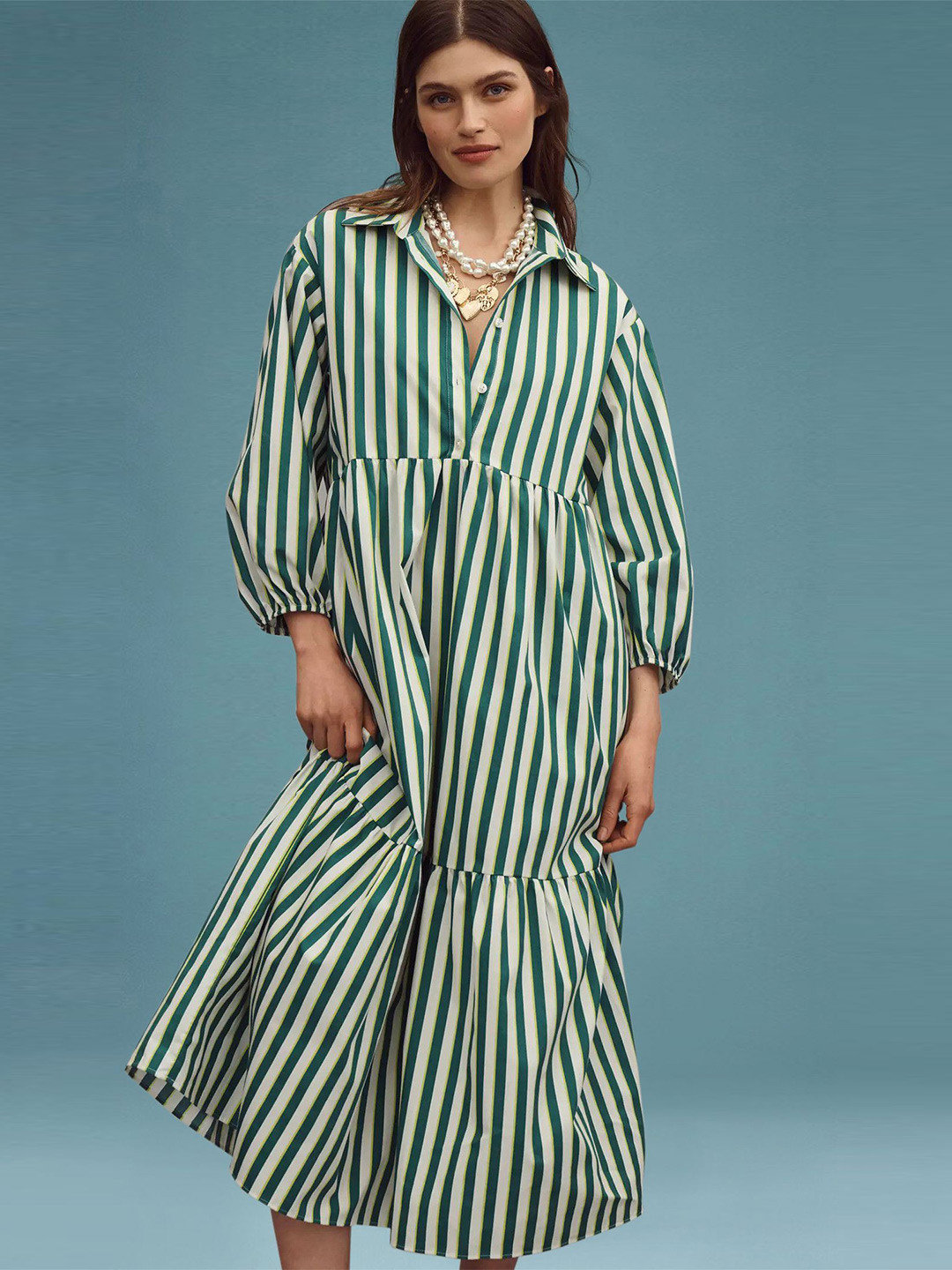 The Roadster Lifestyle Co. Striped 3/4 th Sleeves Shirt Midi Dress