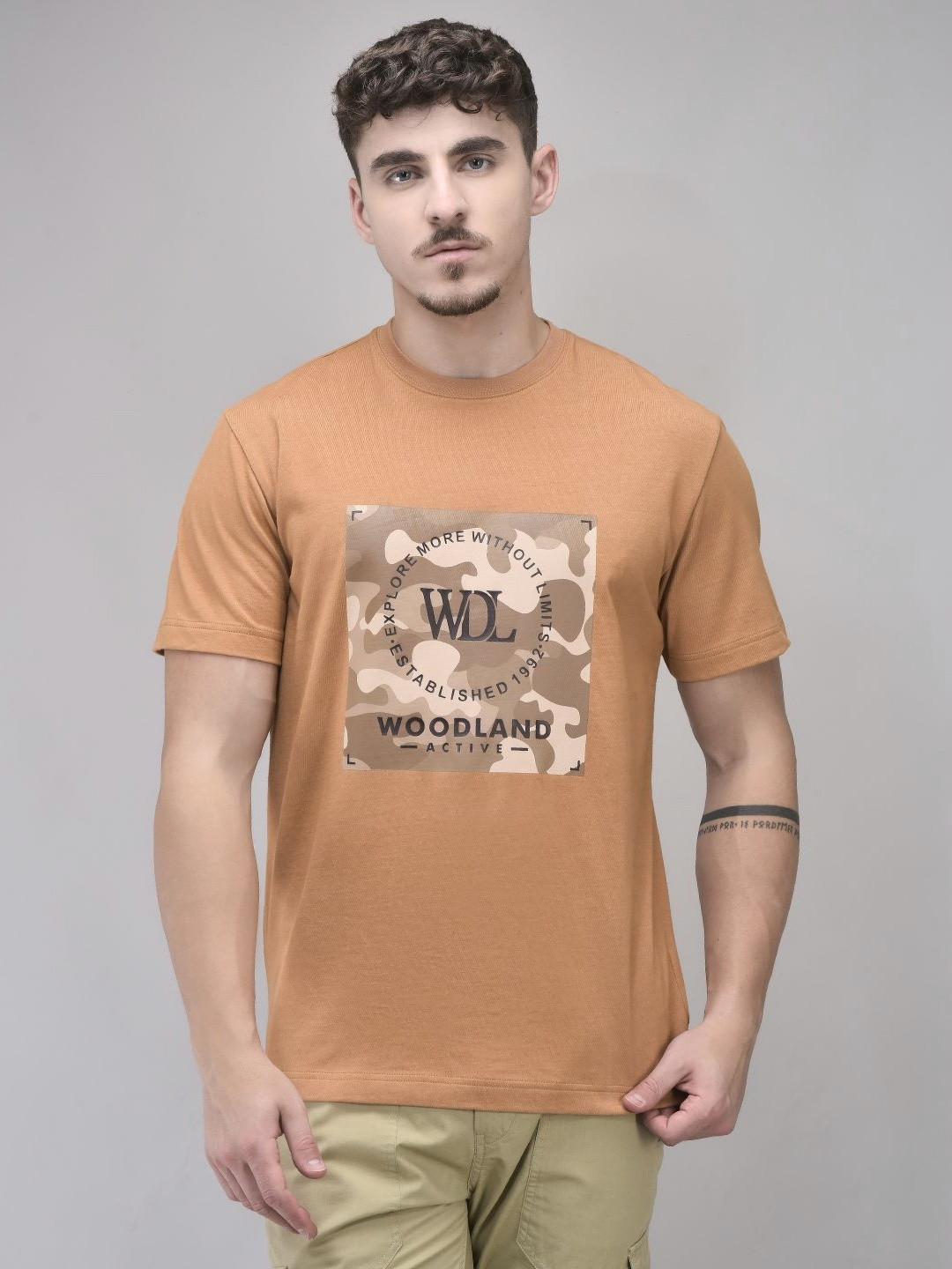 Woodland Brand Logo Printed Round Neck Cotton T-Shirt