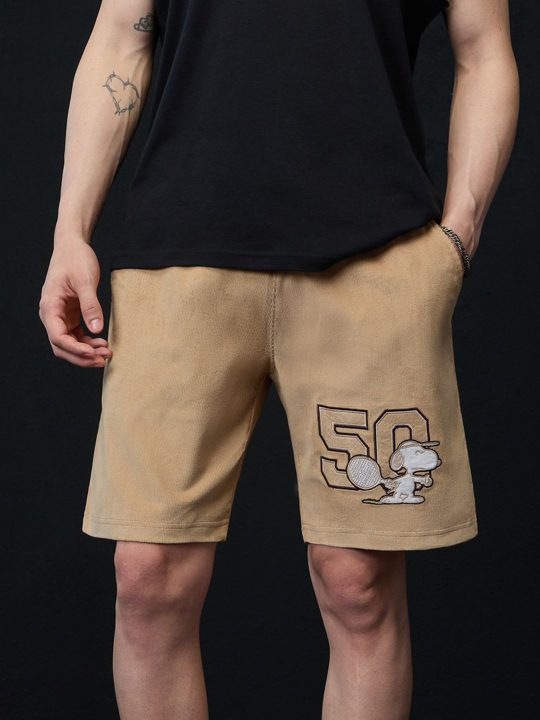 The Souled Store Men Peanuts Corduroy Snoopy Varsity Shorts