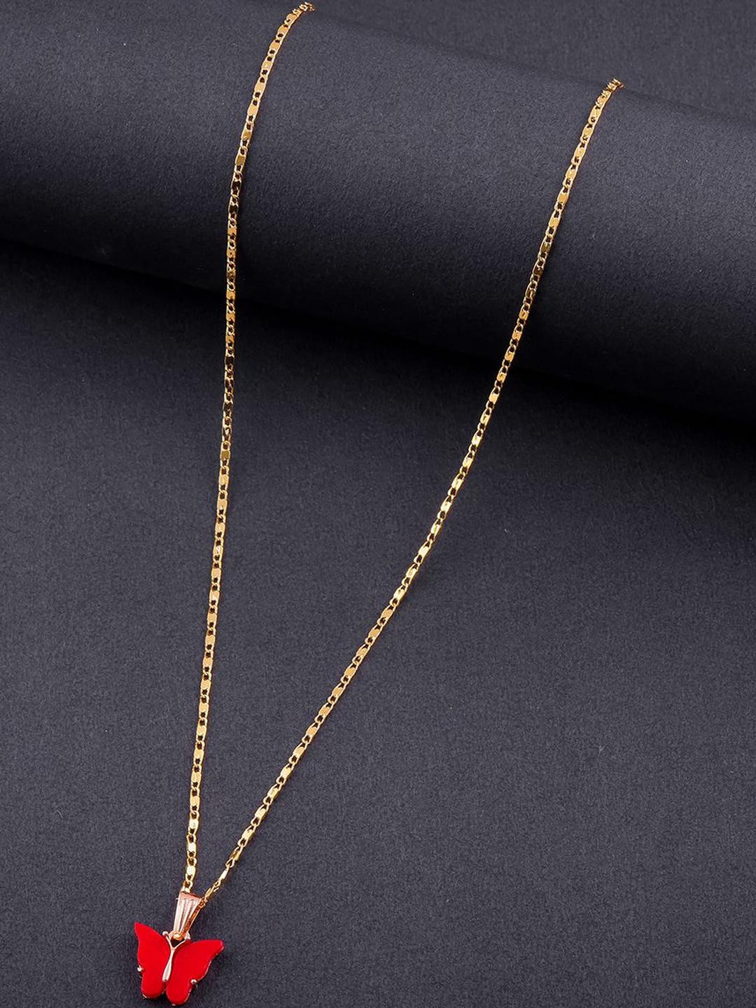 DressBerry Gold-Plated Artificial Stones Studded Butterfly Shaped Pendant With Chain