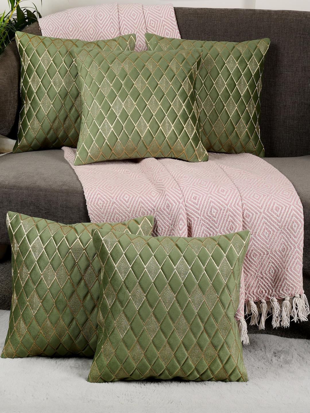 TANLOOMS Embroidered Geometric Velvet Washable 5 Pcs Textured Cushion Covers - 12 x 12 In