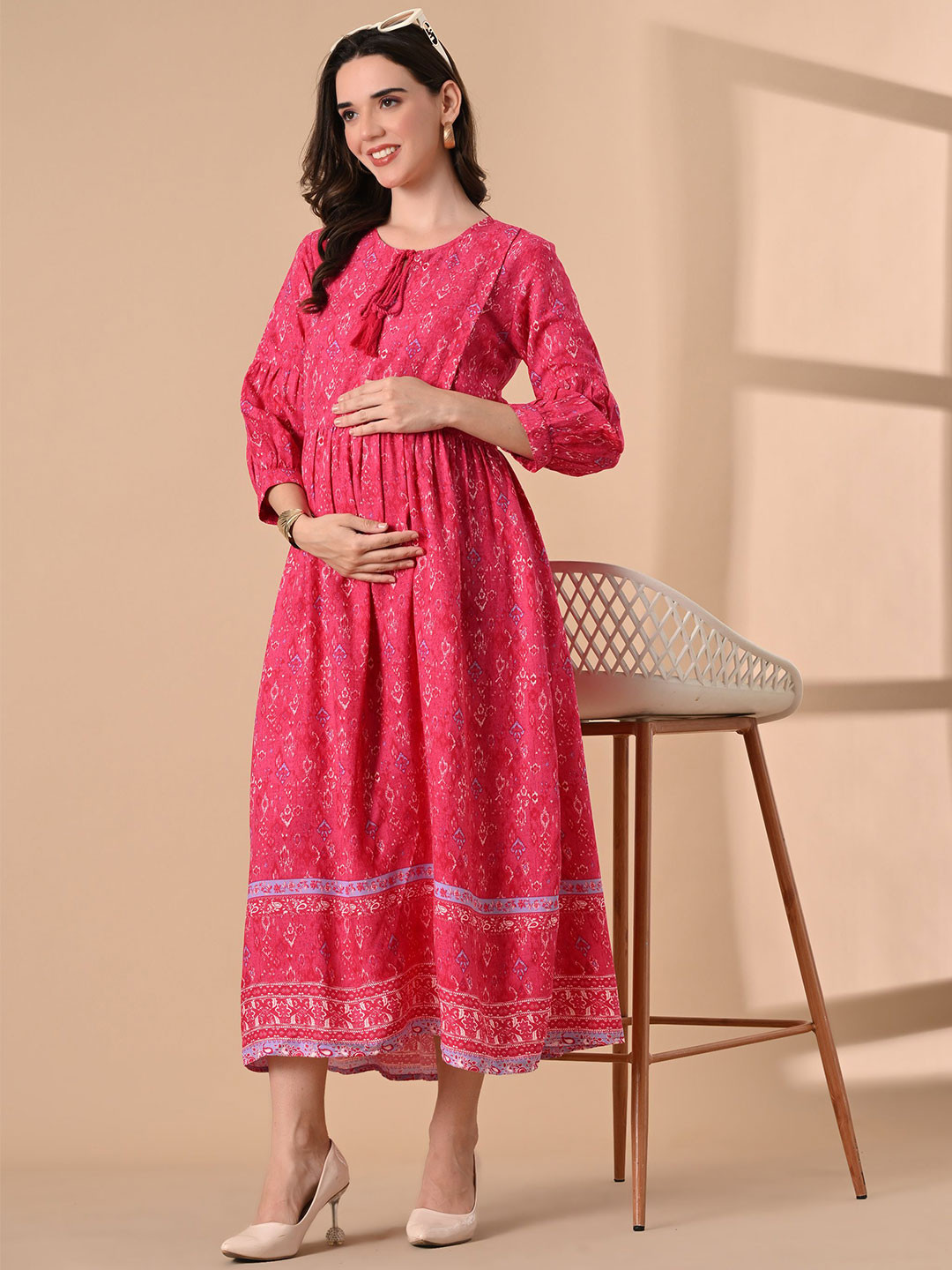 Aaruvi Ruchi Verma Pink Ethnic Printed Maternity Maxi Dress