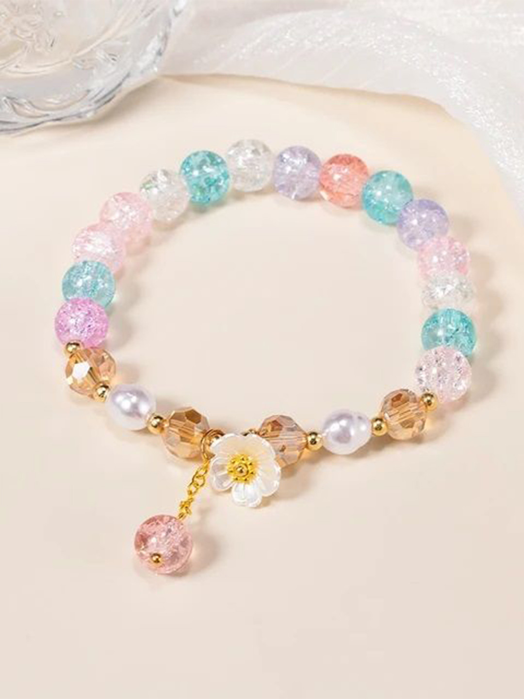 VS Unique Collection Women Glass Moti Beads Daisy Floral Elastic Charm Bracelet