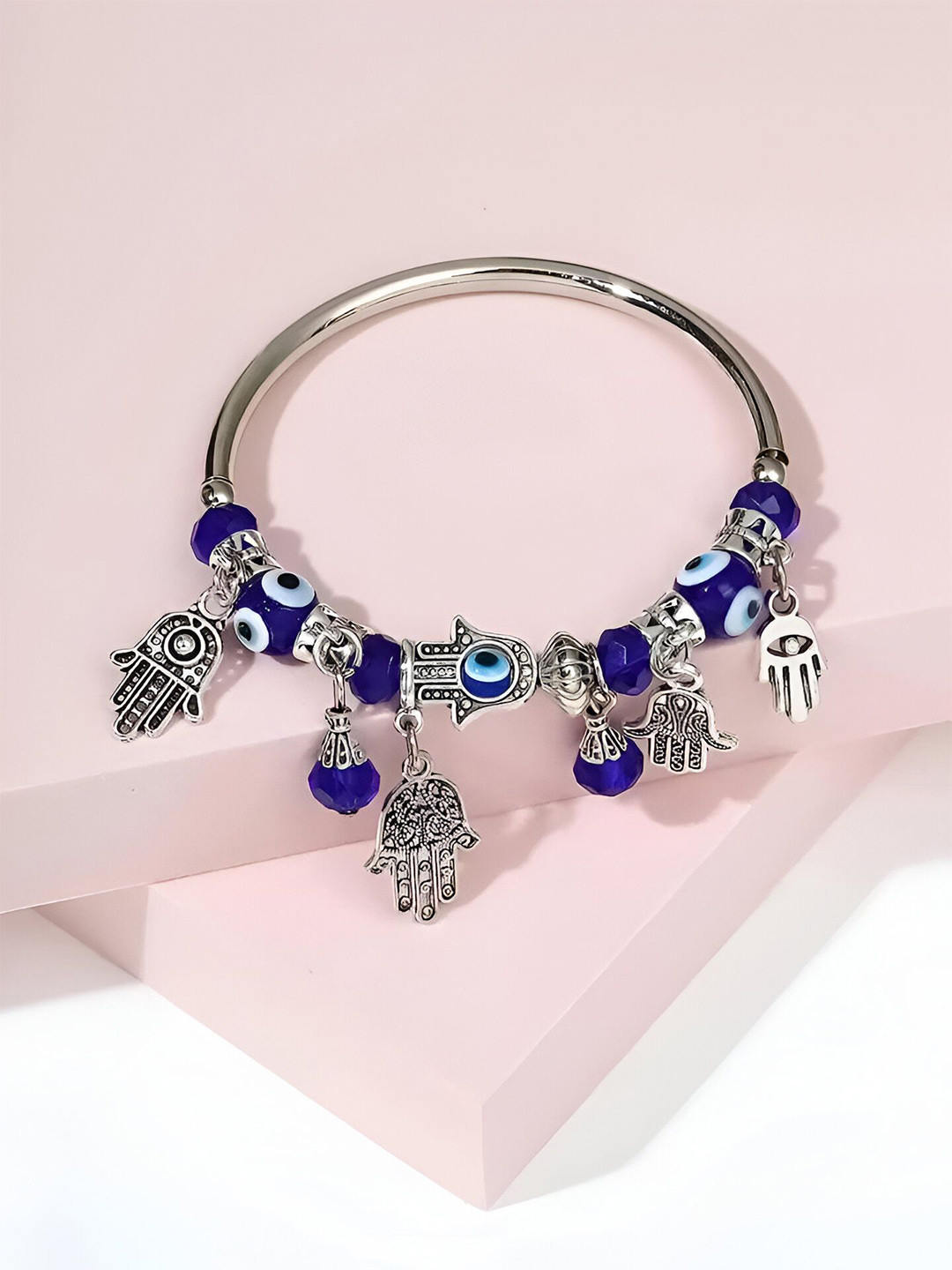 VS Unique Collection Women Hamsa Fatima Lucky Hand Evil Eye Charm Kada Bracelet
