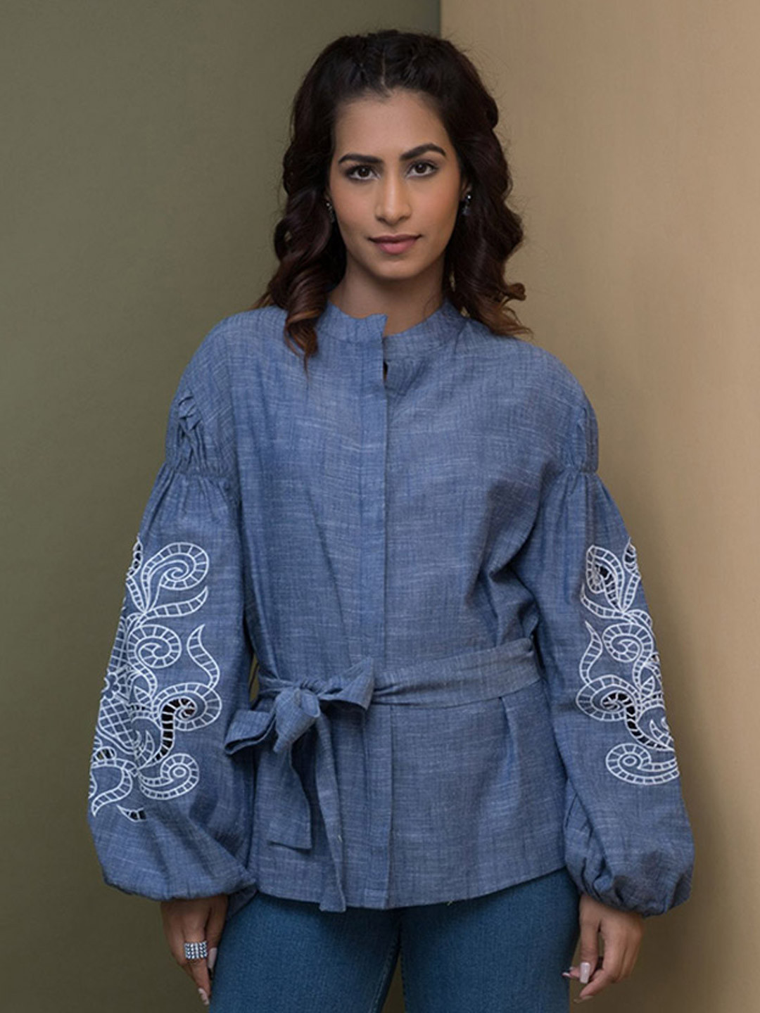 Rhe-Ana Checked Mandarin Collar Bishop Sleeves Cotton Shirt Style Top