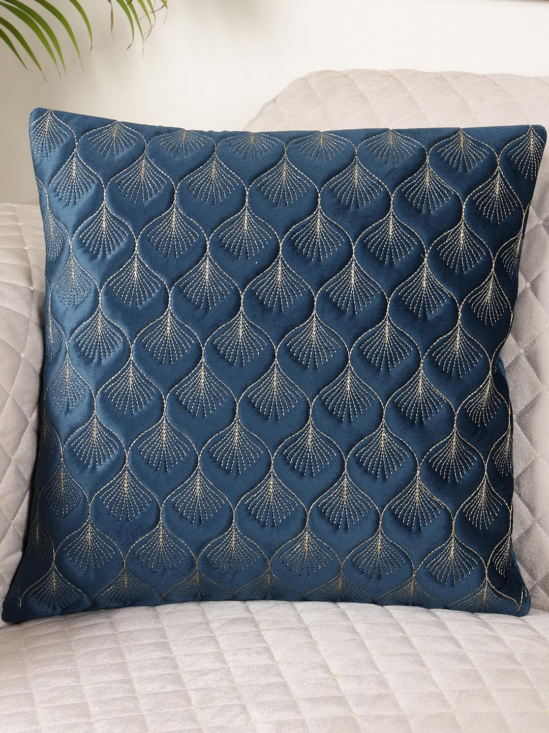 TANLOOMS Blue Velvet Handcrafted Embroidered Square Cushion Cover -12x12In