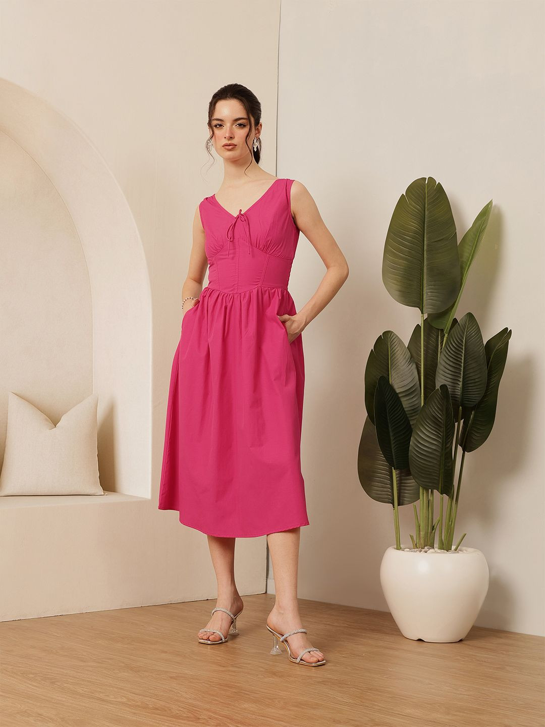 STREET 9 Women V-Neck Cotton Fit and Flare Dress